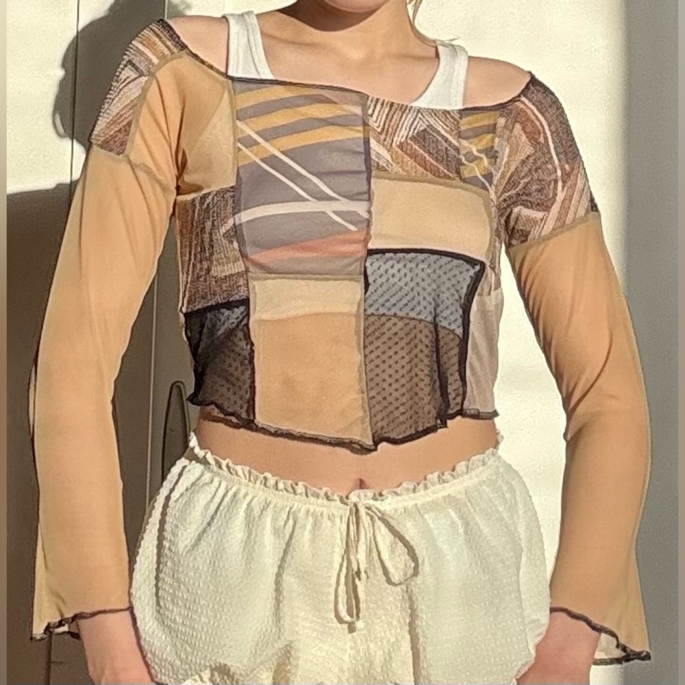 Rhi Dancey Handmade One of a Kind Brown Patchwork Sheer Long Sleeve Top